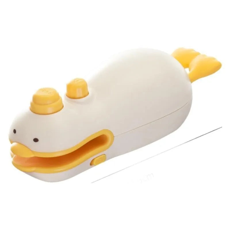 Small yellow duck-shaped rechargeable handheld sealing machine with USB charging cable.