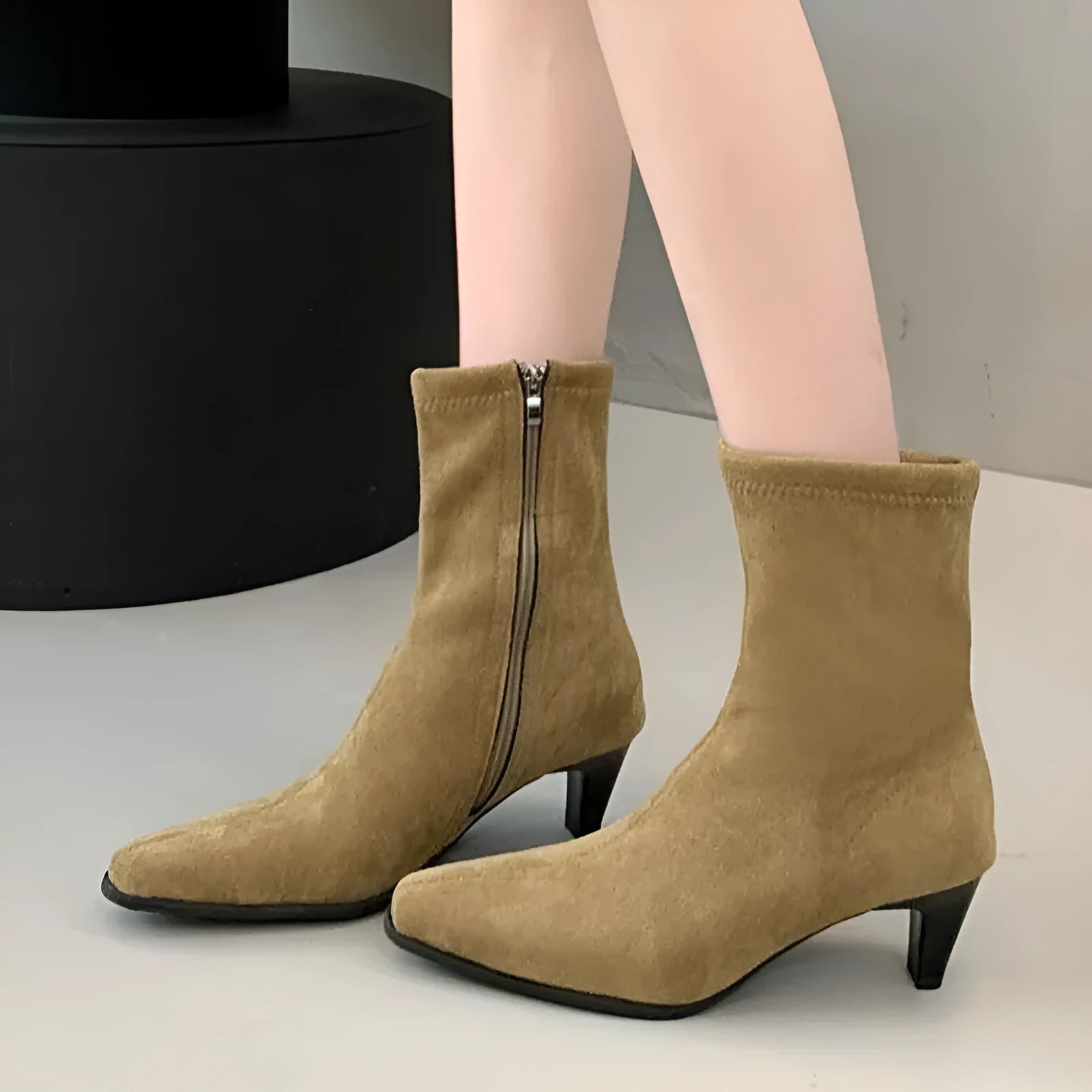 Women's black square toe ankle boots with side zipper and waterproof platform