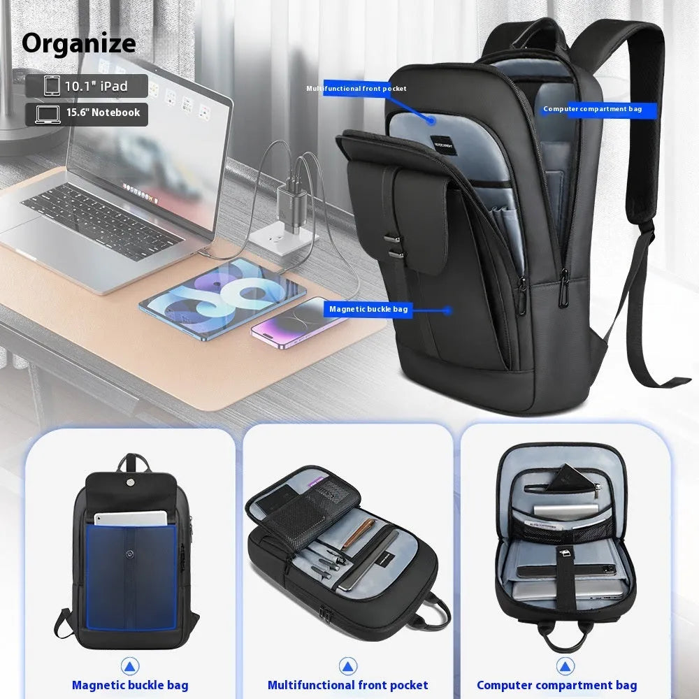 Black Oxford cloth backpack with sewing line detailing for business commuting