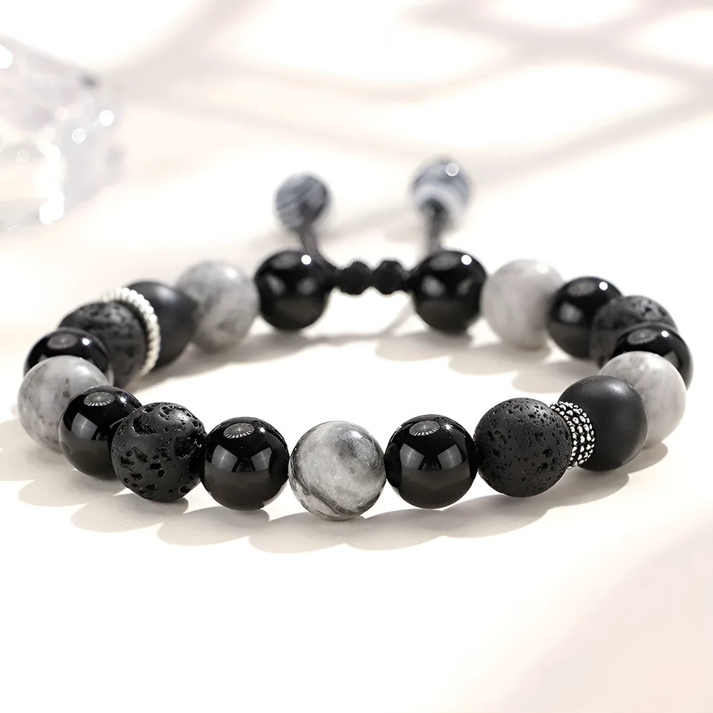 Black agate map stone and volcanic rock bracelet with diamond cut beads in 8mm and 10mm sizes