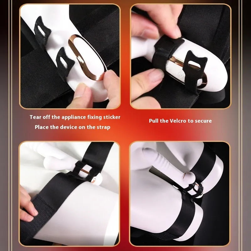 Black adjustable adult toy strap made from knitted belt material for intimate use