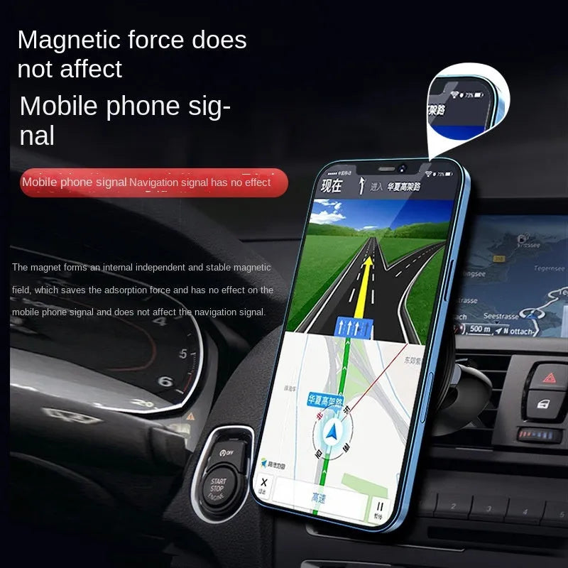 Black aluminium alloy magnetic car phone holder mounted on air vent, holding smartphone