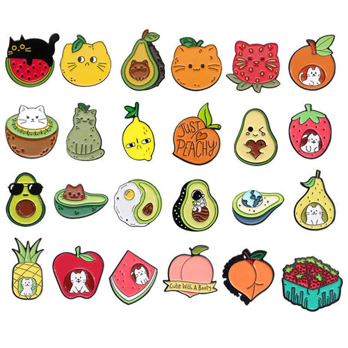 Colourful cartoon fruit and letter shaped zinc alloy decorative brooch.