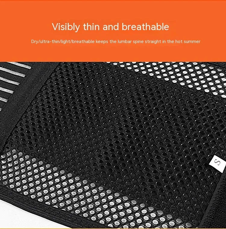 Black breathable sports waist support belt with internal steel plate for lumbar protection, shown on a white background.