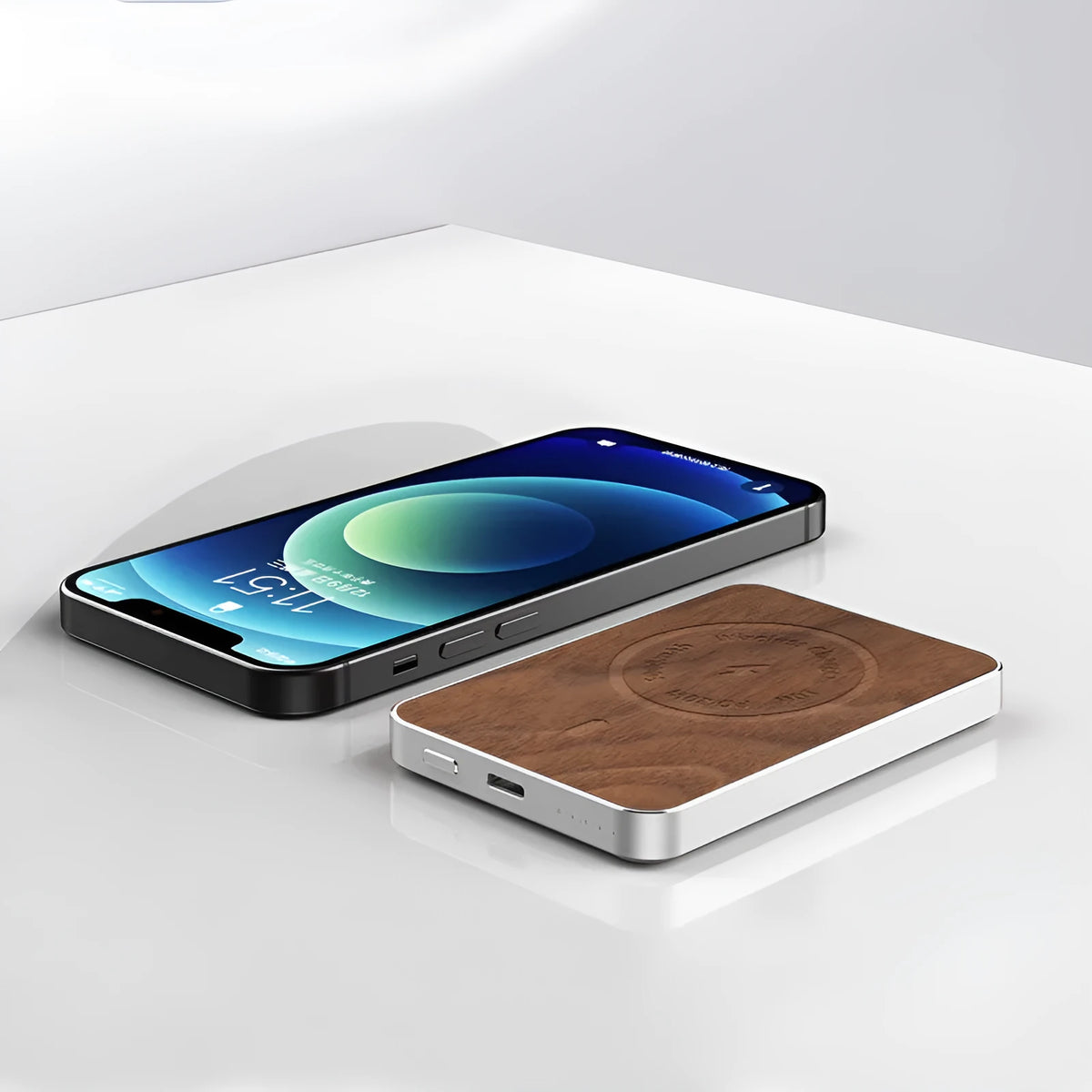 Khaki coloured magnetic wireless charging bank with aluminium alloy shell showing dimensions and USB port