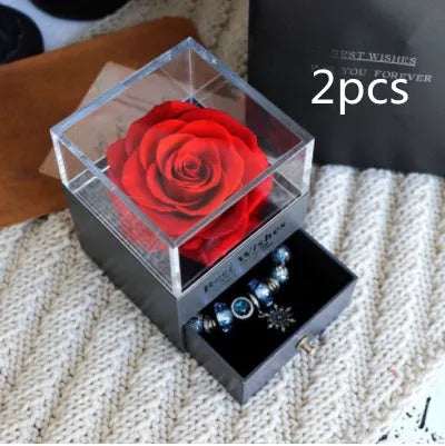 Preserved eternal rose and carnation gift box in glass display case for jewellery storage