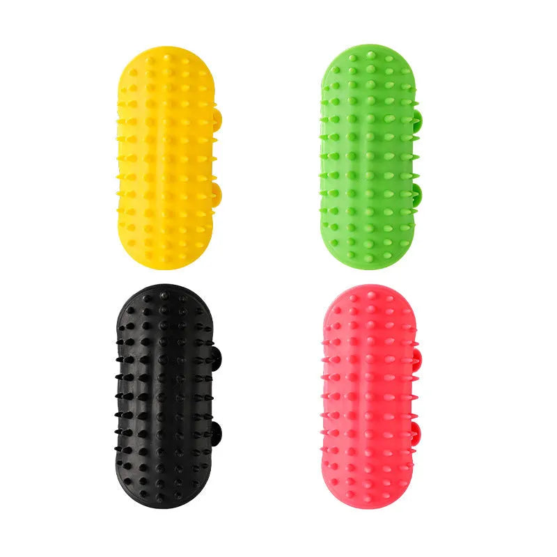 Silicone pet grooming brush with comb teeth and adjustable strap in black, green, pink or yellow