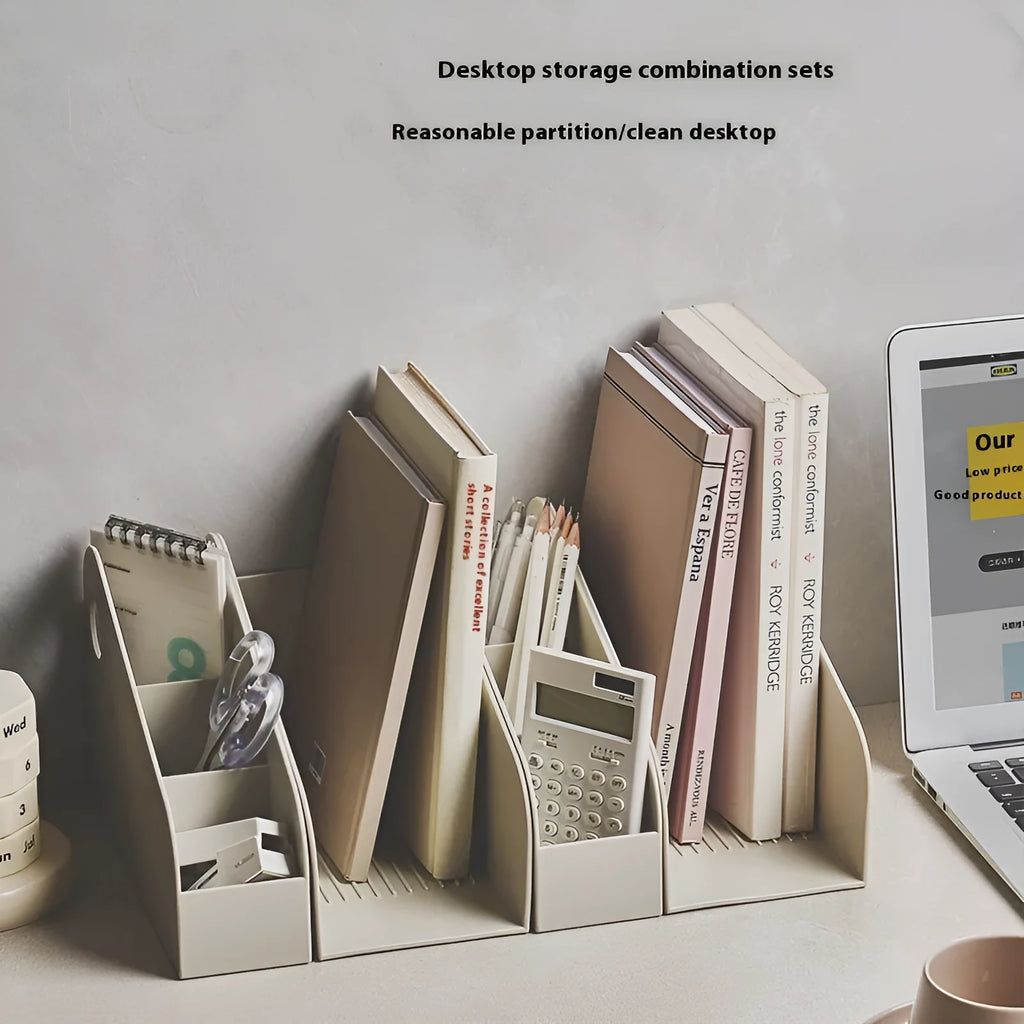 Plastic desktop storage box with two internal grid layers in milk coffee colour