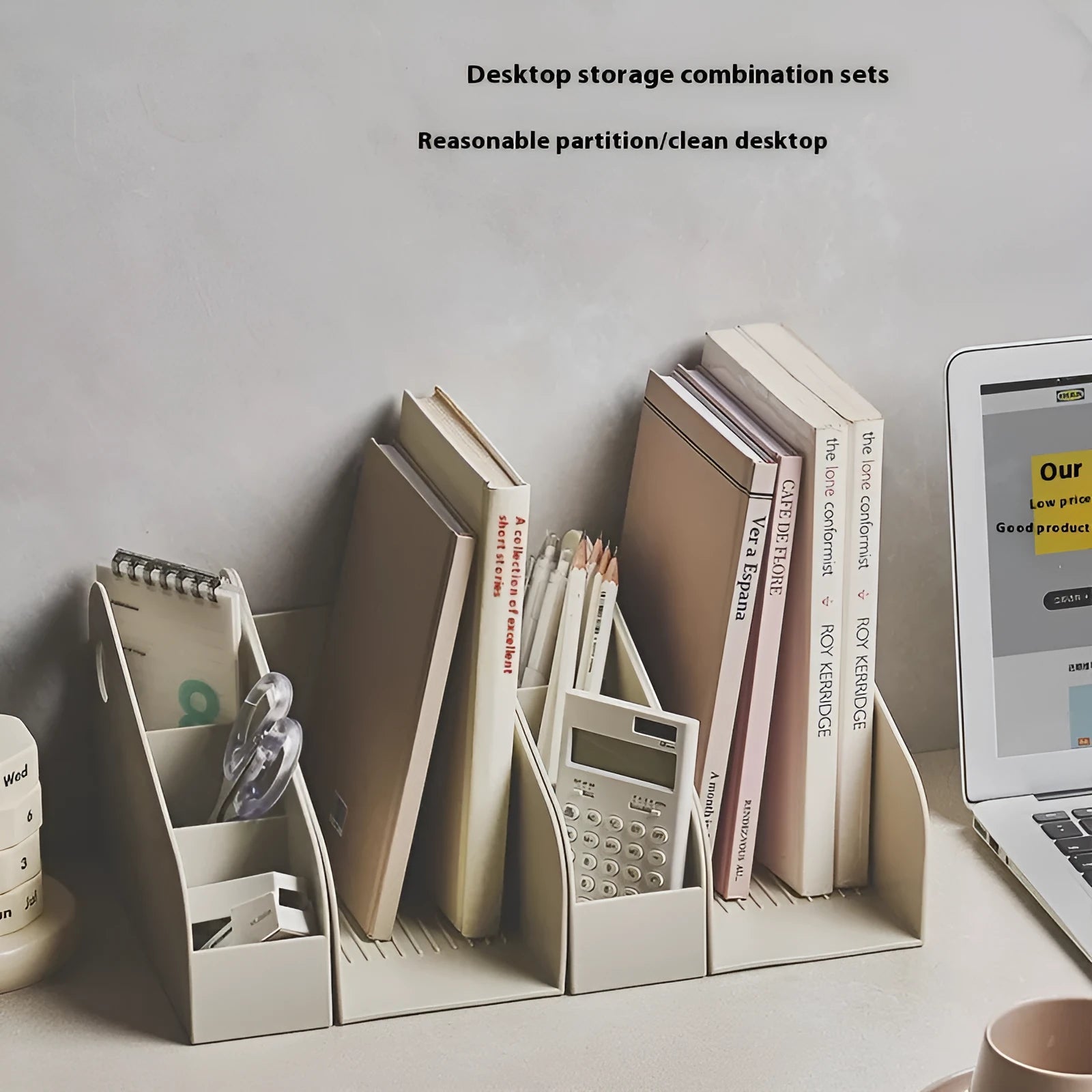 Plastic desktop storage box with two internal grid layers in milk coffee colour