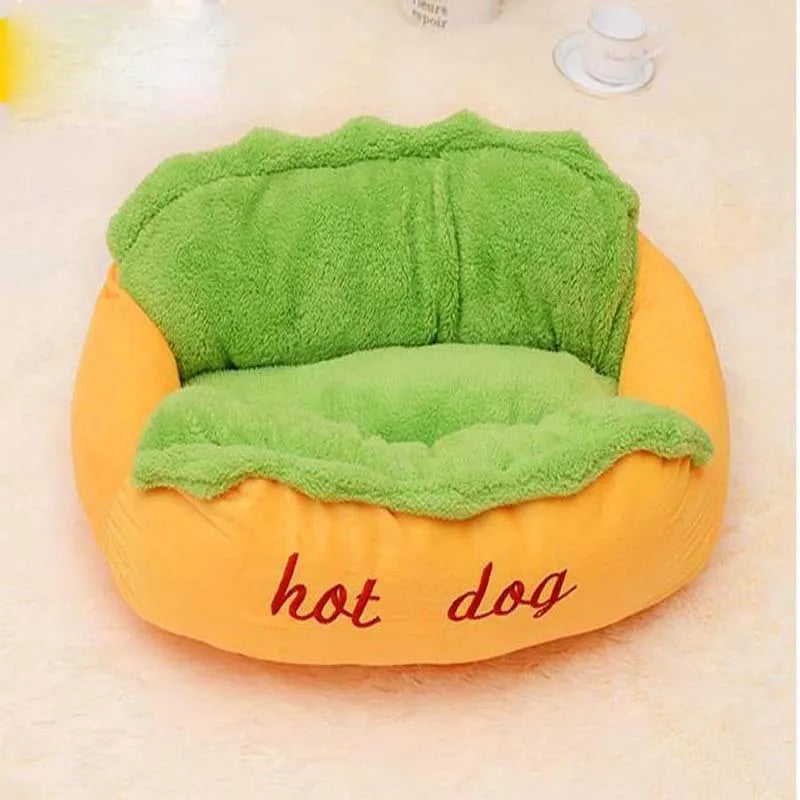 Brown hot dog bed with removable cushion for small medium large dogs