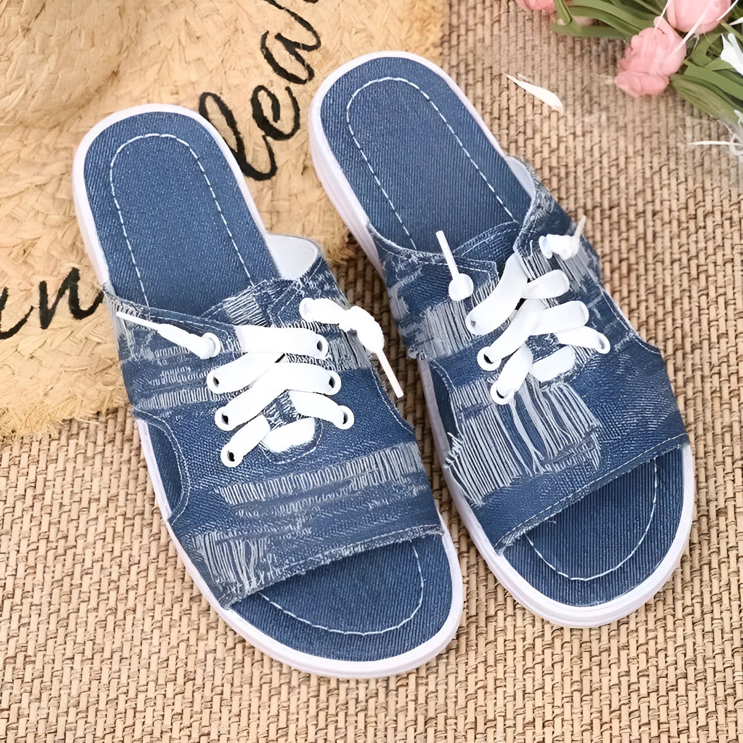 Blue canvas flat slippers for women with rubber soles and Roman-style slip-on design