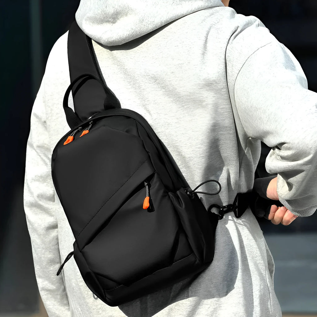 Black mens waterproof polyester crossbody bag with single shoulder strap in casual style