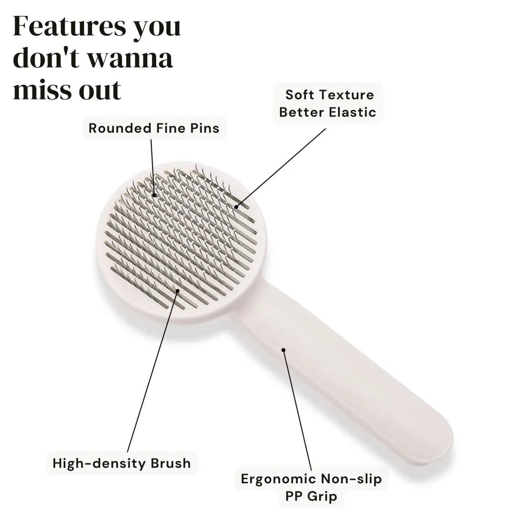 Blue self-cleaning slicker brush for dogs and cats with stainless steel pins and a rubber handle.