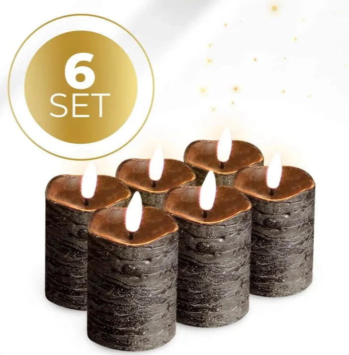 Four black LED pillar candles with realistic wax effect, measuring 5cm wide and 7cm tall