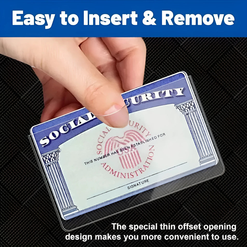 Transparent PVC social security card holder wallet, showing dimensions of 9.7 by 5.9 centimetres.