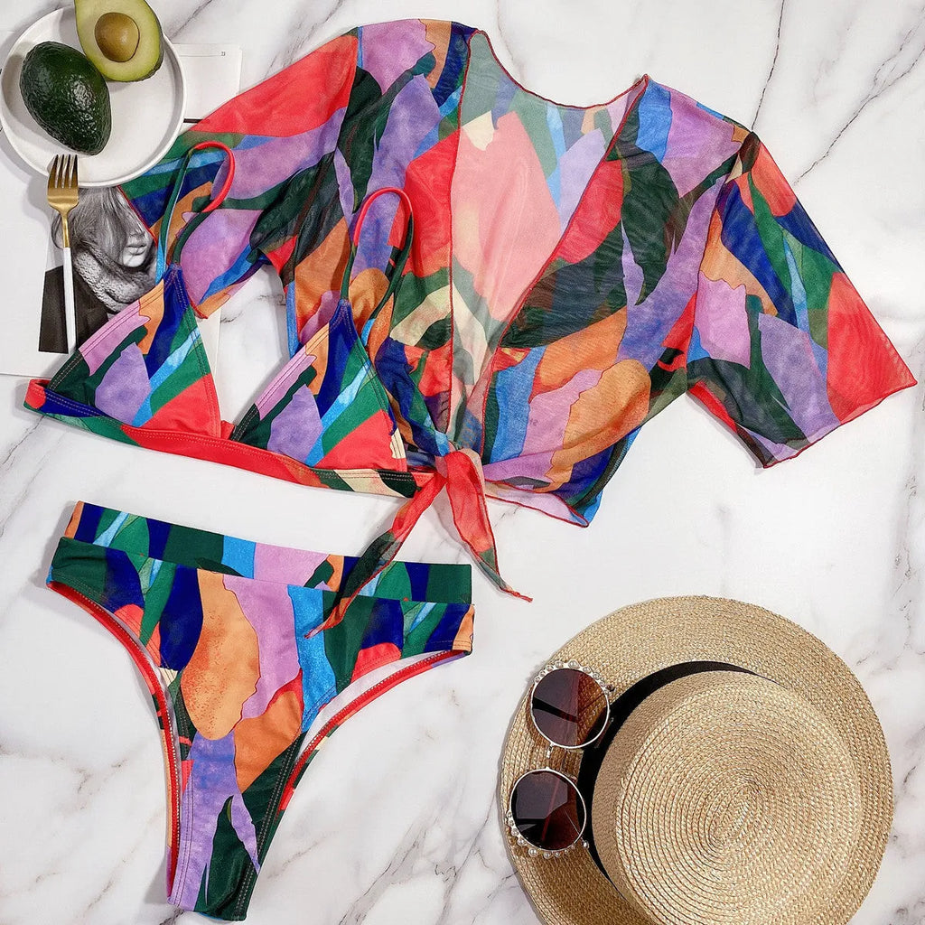 Red printed women's split swimsuit with briefs style for adult swimming sports