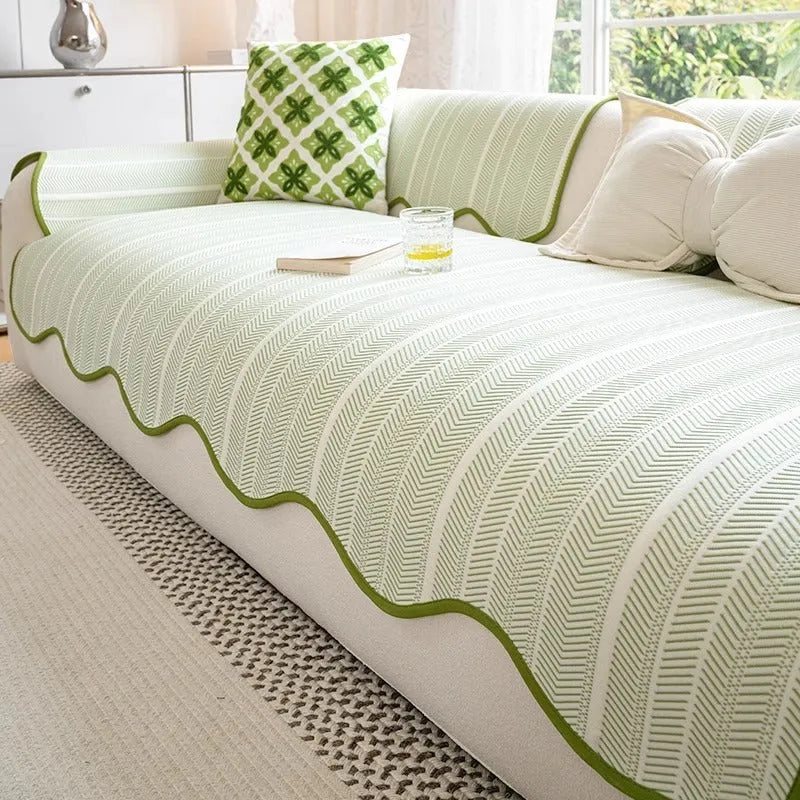 Ice Silk fabric sofa cover with non-slip cushioning in special-shaped straight row mat design