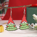 Women's geometric wooden Christmas earrings with printed tree and snowman designs