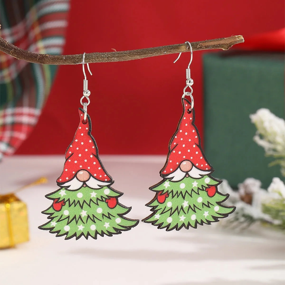Women's geometric wooden Christmas earrings with printed tree and snowman designs