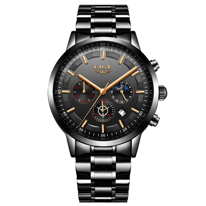 Men's waterproof quartz sports watch in black and rose red gold colour on wrist