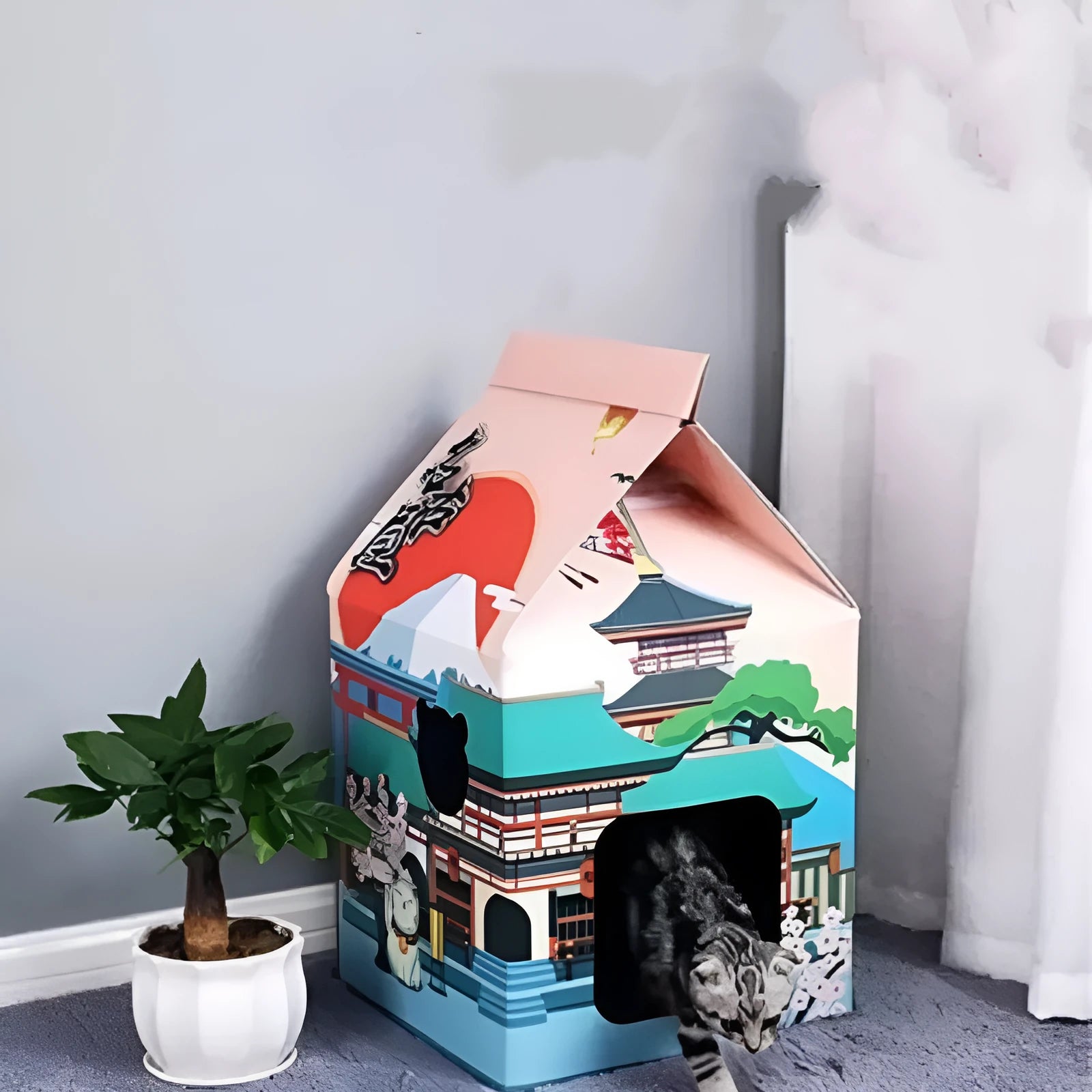 Foldable corrugated cardboard cat scratching board with Nagoya cat pattern design.