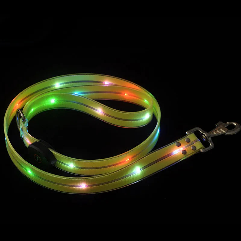 PVC dog leash and collar in orange, black, fluorescent green, or blue, showing 120cm length and hand-holding handle.
