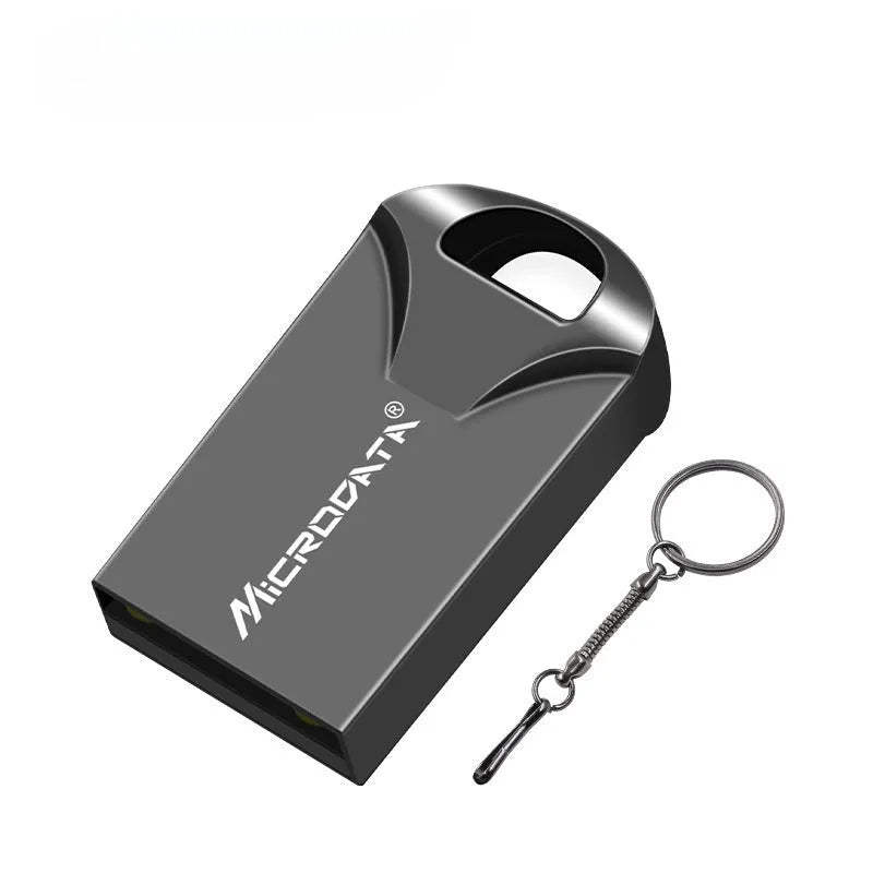Silver metal USB flash drive on a keyring chain against a dark background