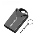 Silver metal USB flash drive on a keyring chain against a dark background