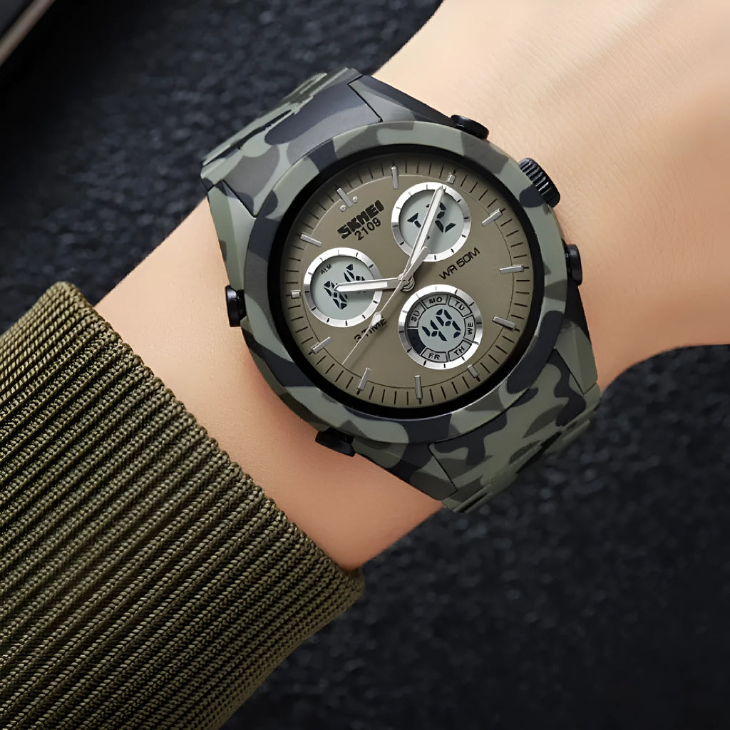 Unisex digital casual watch with camouflage strap and electronic display showing 50m water resistance.