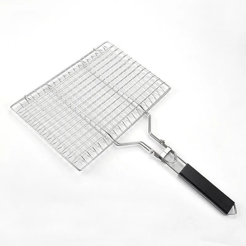 Stainless steel square barbecue mesh basket with folding design and cleaning brush
