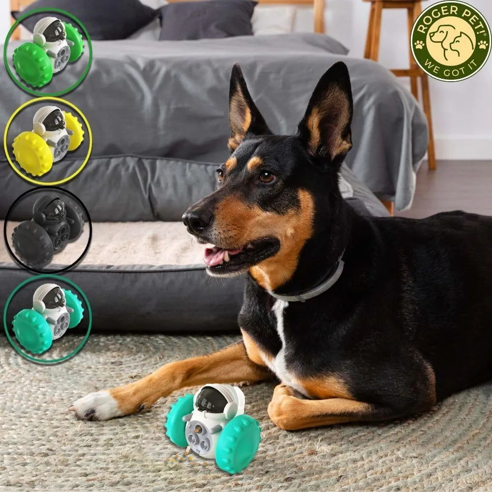 Robot-shaped interactive treat dispenser toy for small dogs and cats with self-balancing tumbler design