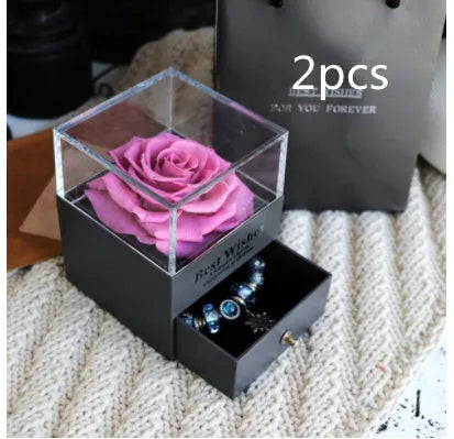 Preserved eternal rose and carnation gift box in glass display case for jewellery storage