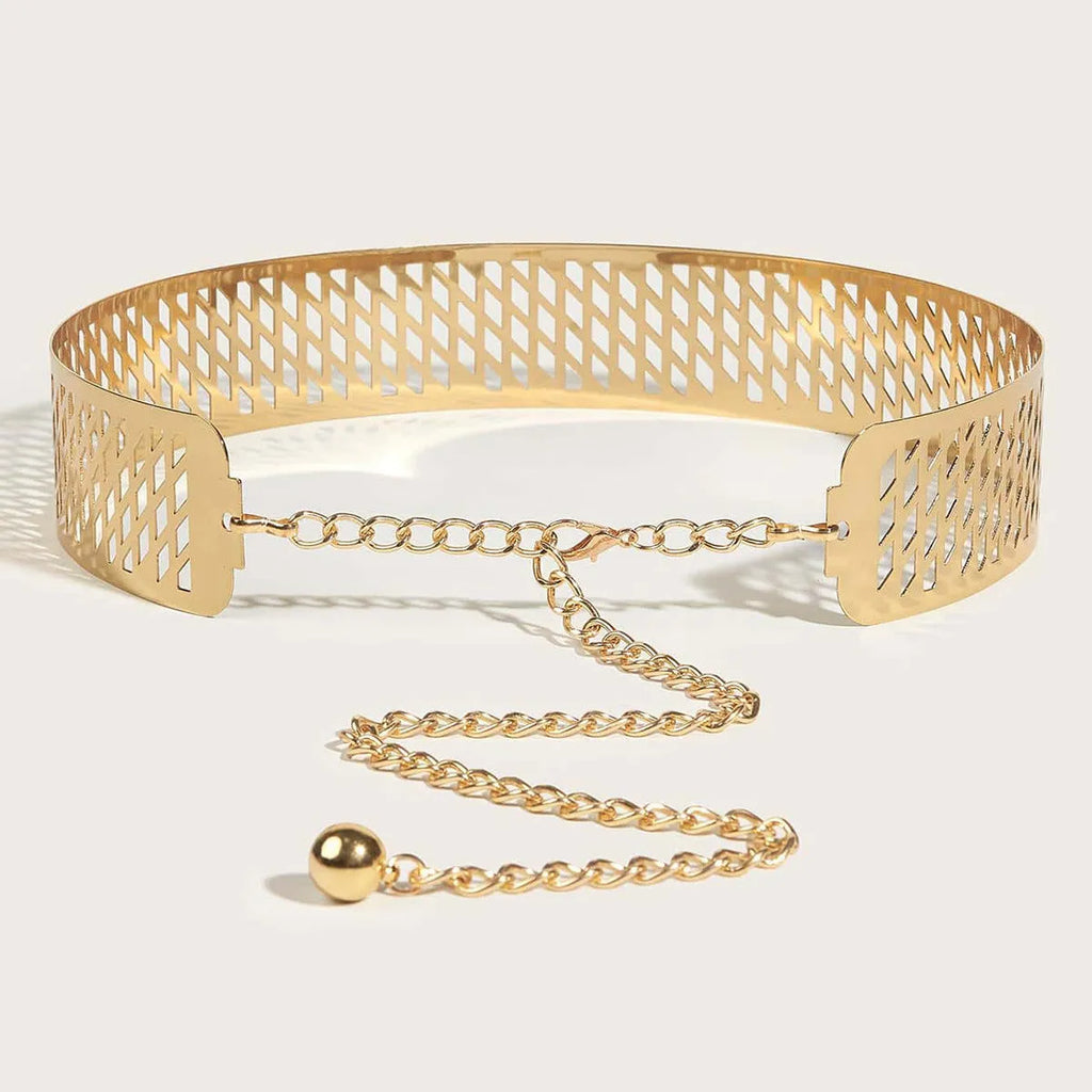 Golden iron waist belt with lantern head and net flower design, shown with hook fastening.