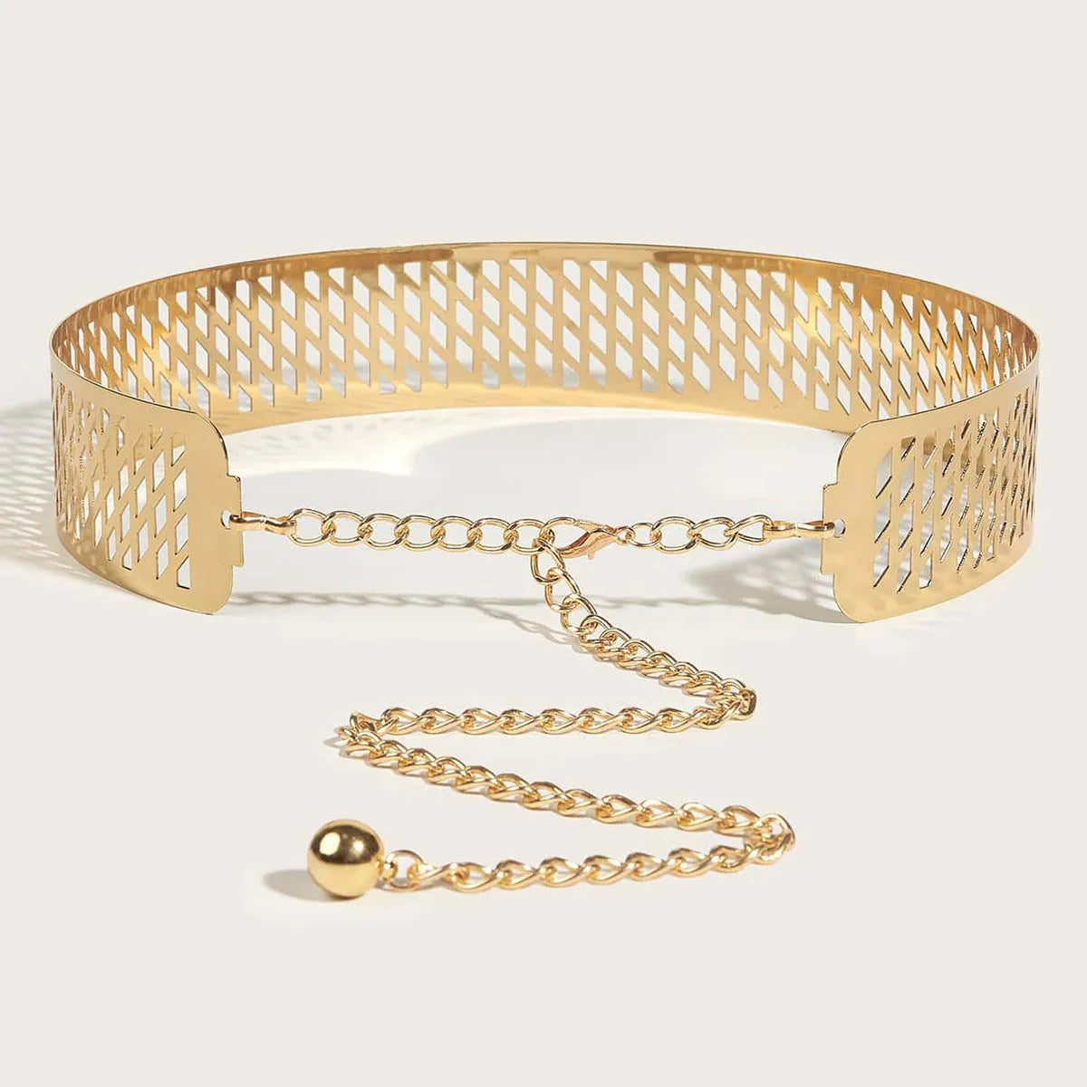 Golden iron waist belt with lantern head and net flower design, shown with hook fastening.