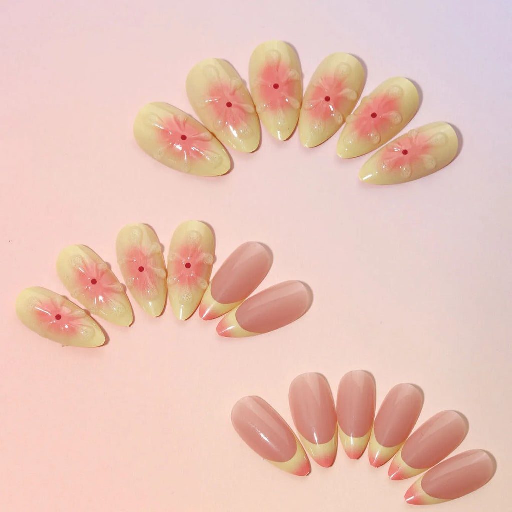 Simple fake nails set with cartoon 3D flower wear armour pieces, jelly glue, and filing strip