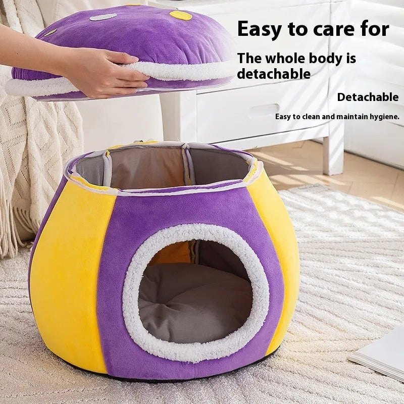 Mushroom-shaped plush cat bed in grey, pink, or purple colours with thermal construction