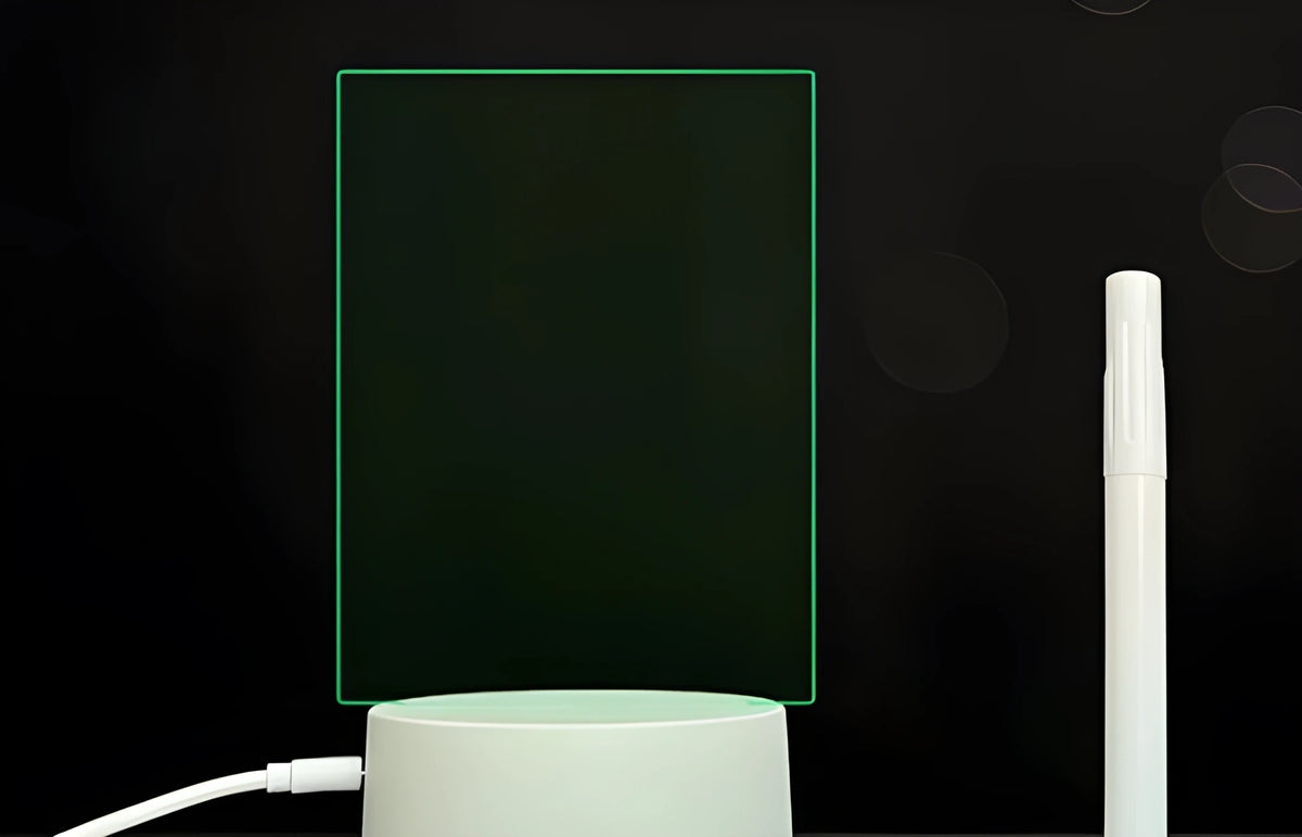 3D acrylic message board night light with remote control and stylus on wooden desk