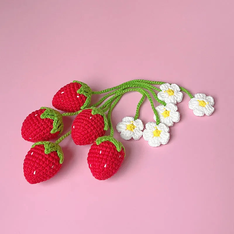 Handmade wool crochet strawberry pendant with 35cm length in red or pink colour