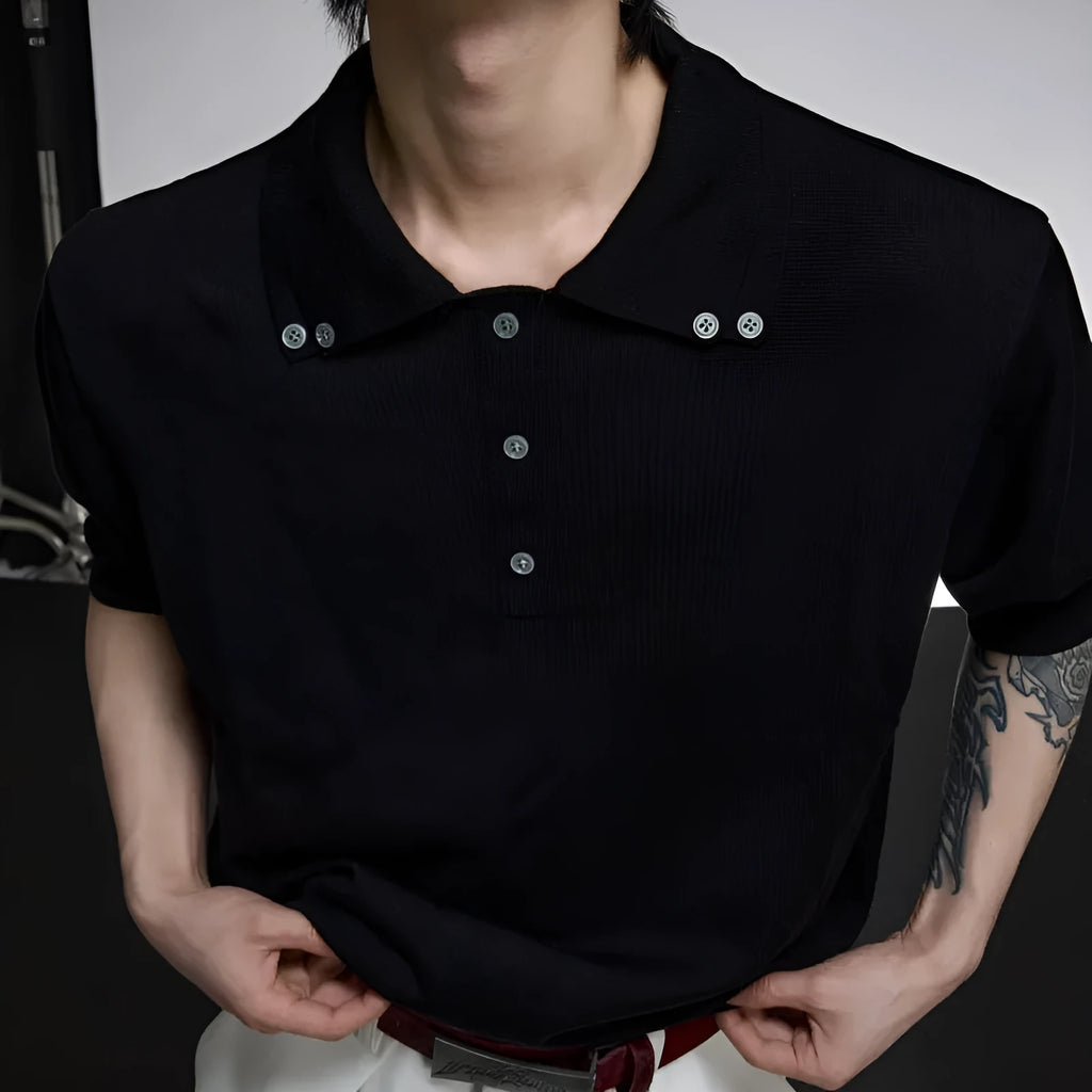 Men's black slim knit short sleeve T-shirt showing double collar design and loose fit