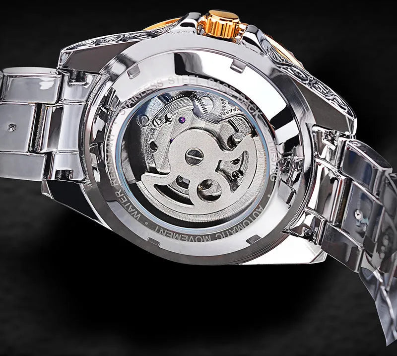 Forsining yellow skeleton tourbillon mechanical watch with stainless steel band