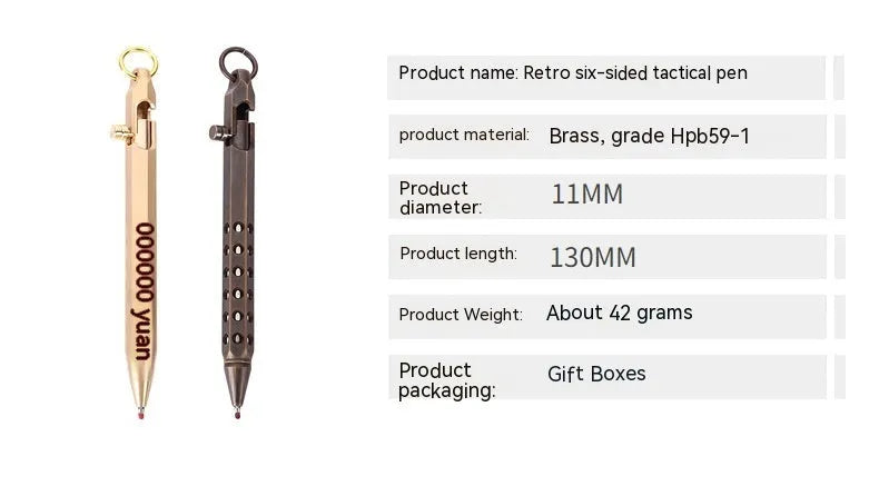Brass hexagonal bolt pen with 0.5MM refill in natural or black finish measuring 13cm