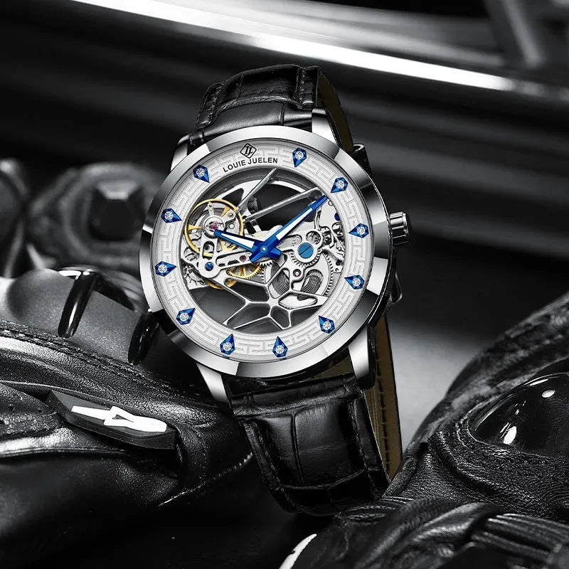Men's silver case mechanical watch with white surface, blue hands, and black genuine leather strap