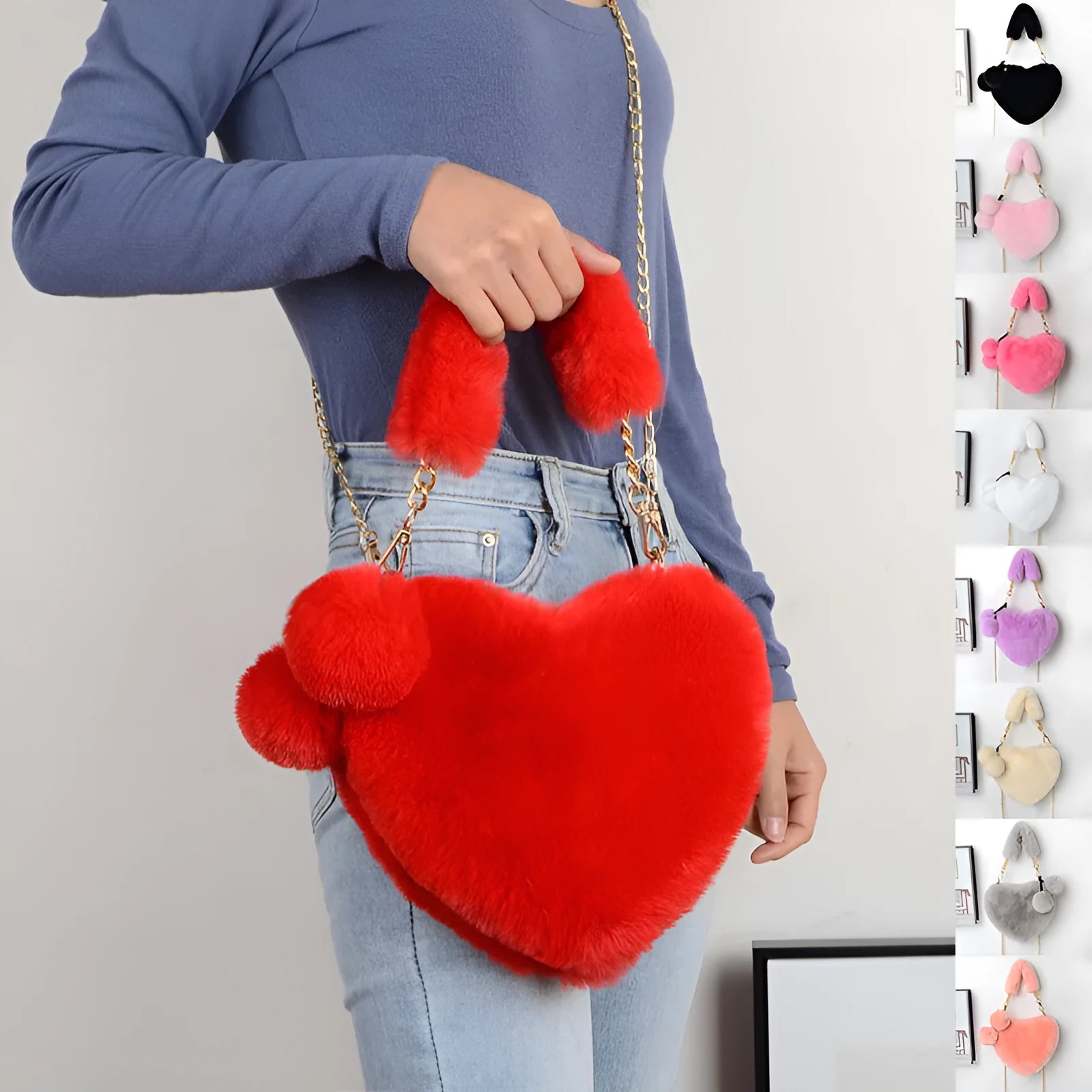 Medium soft plush heart handbag in solid color with zipper closure and shoulder strap option for women