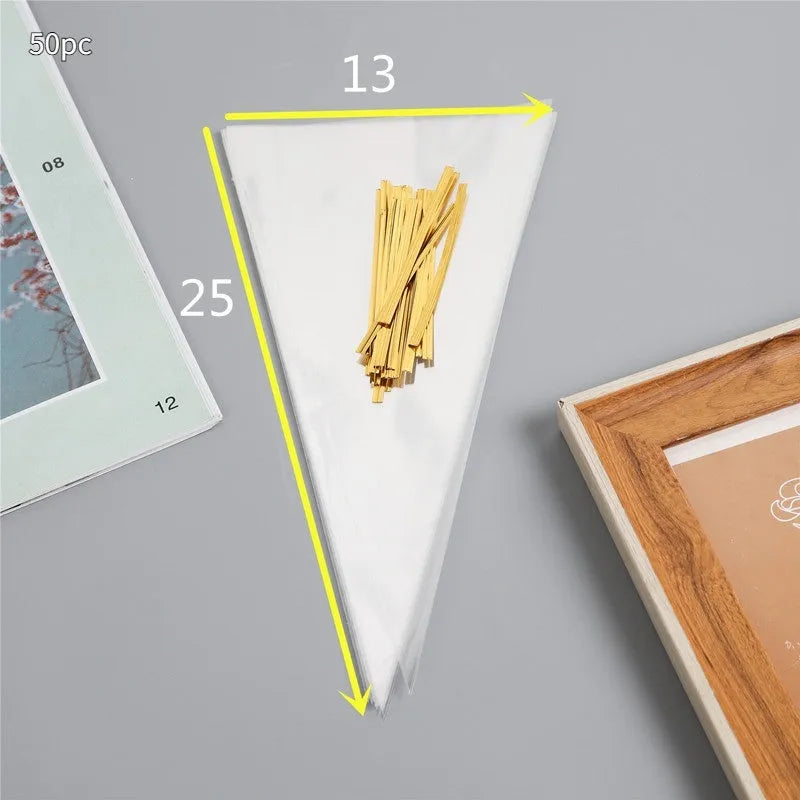 Clear triangle plastic packaging bag with twisted tie wire closure shown next to untied bag