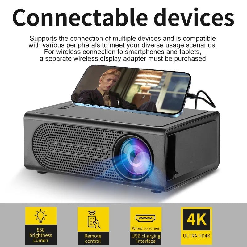 Portable mini projector in black or white colour with mobile phone connection cable