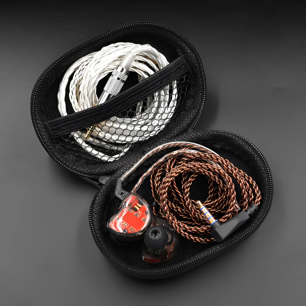 Black oval faux leather earphone storage bag with zipper, for EDX PRO and compatible models.
