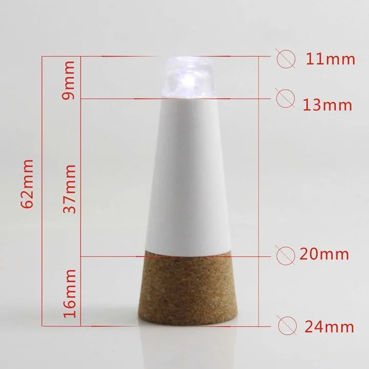 LED rechargeable bottle cap cork light showing plastic housing and 30mm diameter cork section