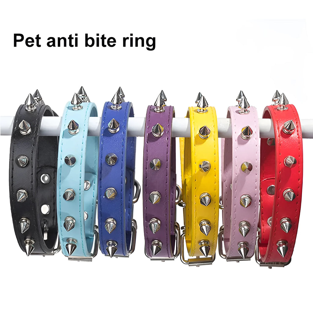 Studded dog collar with metal spikes on thickened PU leather strap in multiple colour options.