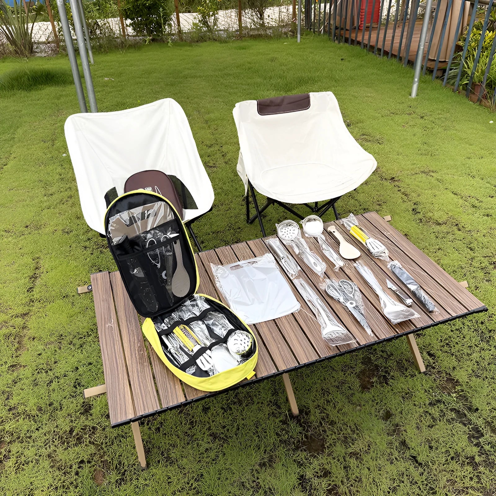 12-piece stainless steel portable kitchenware set with storage bag in khaki, green or brown colours
