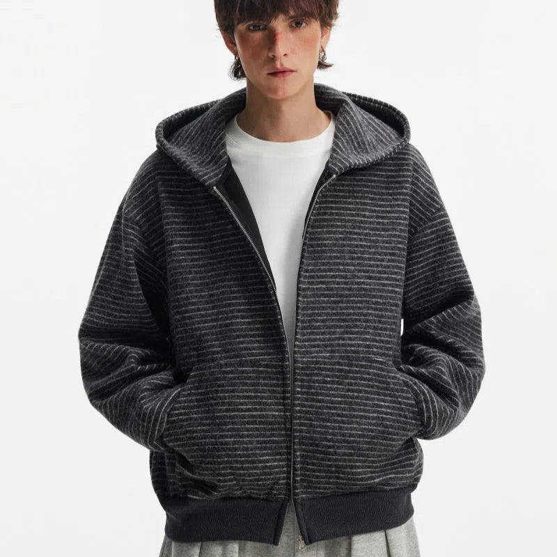 Hooded striped cardigan coat with zip front, long sleeves, loose unisex fit, apricot or black, sizes M to 2XL